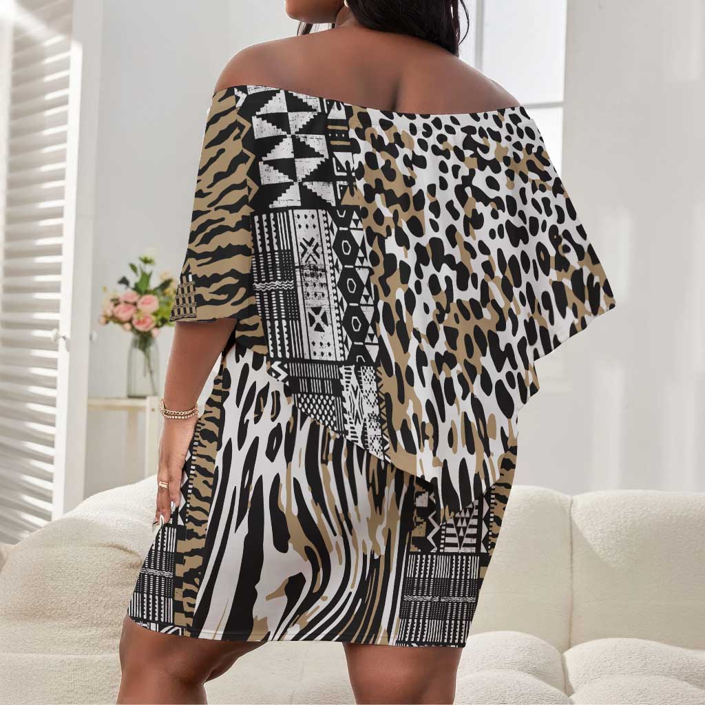 Africa Tribal Pattern Mixed Leopard Skin Off Shoulder Short Dress - African Pride