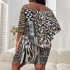 Africa Tribal Pattern Mixed Leopard Skin Off Shoulder Short Dress - African Pride