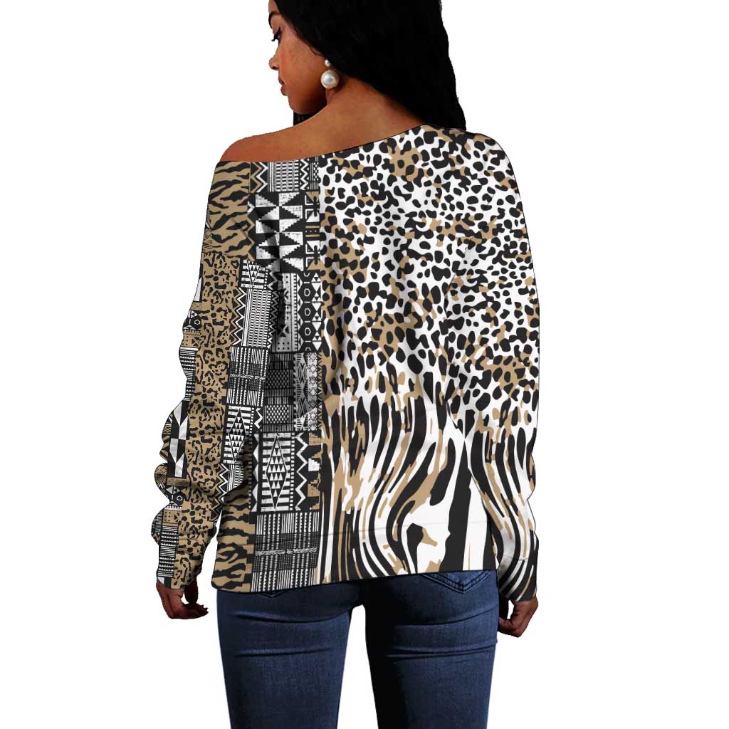 Africa Tribal Pattern Mixed Leopard Skin Off Shoulder Sweater - African Pride