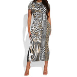 Africa Tribal Pattern Mixed Leopard Skin Short Sleeve Bodycon Dress - African Pride
