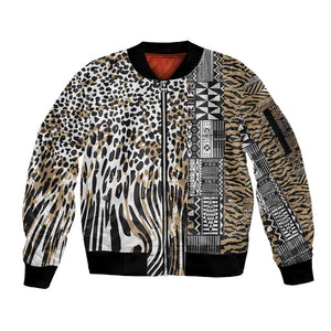 Africa Tribal Pattern Mixed Leopard Skin Sleeve Zip Bomber Jacket - African Pride