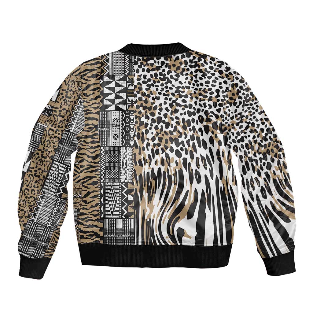 Africa Tribal Pattern Mixed Leopard Skin Sleeve Zip Bomber Jacket - African Pride