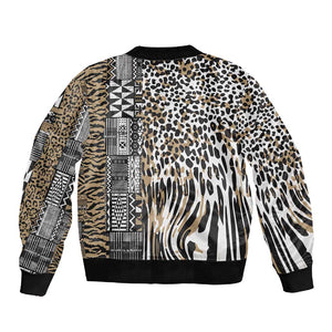 Africa Tribal Pattern Mixed Leopard Skin Sleeve Zip Bomber Jacket - African Pride