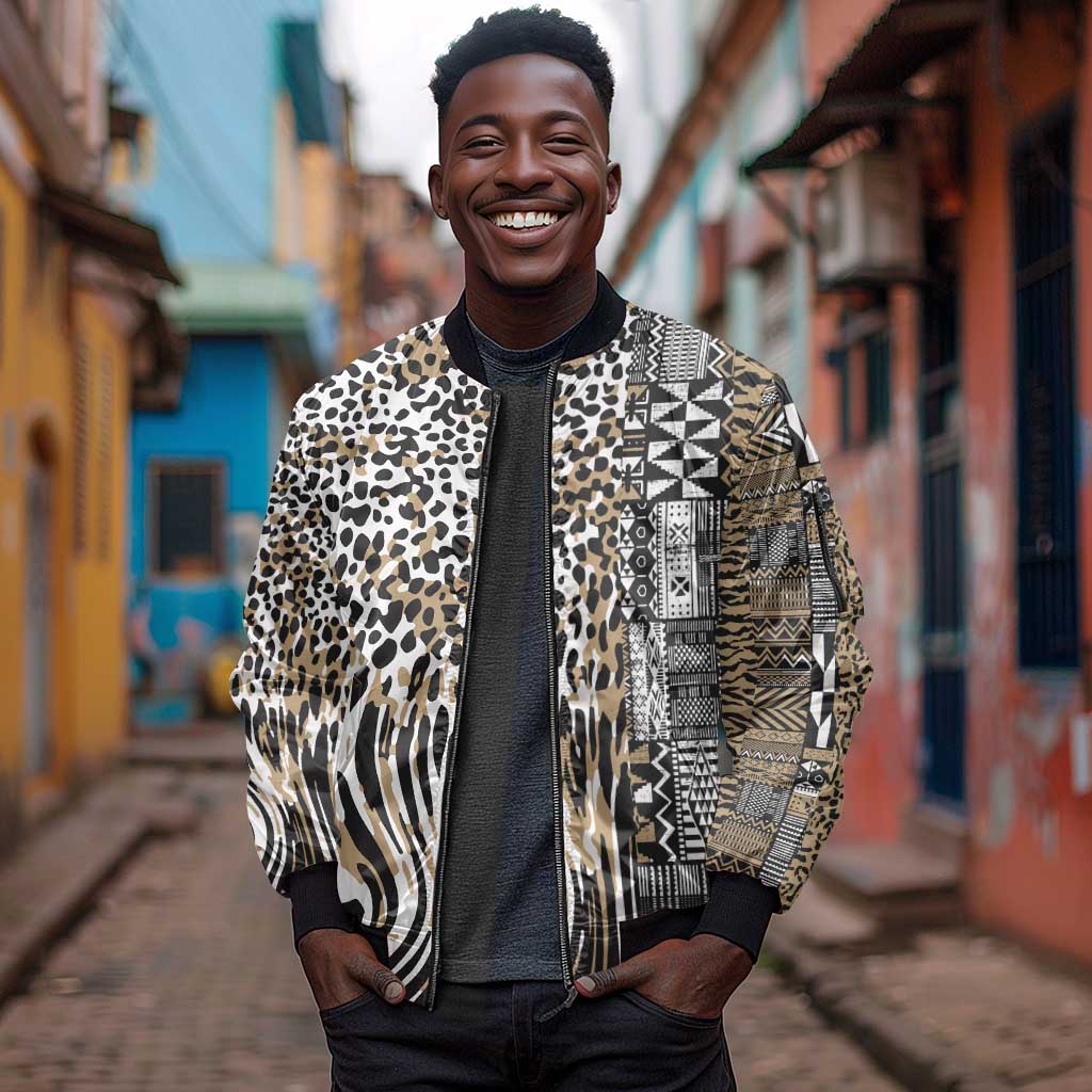 Africa Tribal Pattern Mixed Leopard Skin Sleeve Zip Bomber Jacket - African Pride
