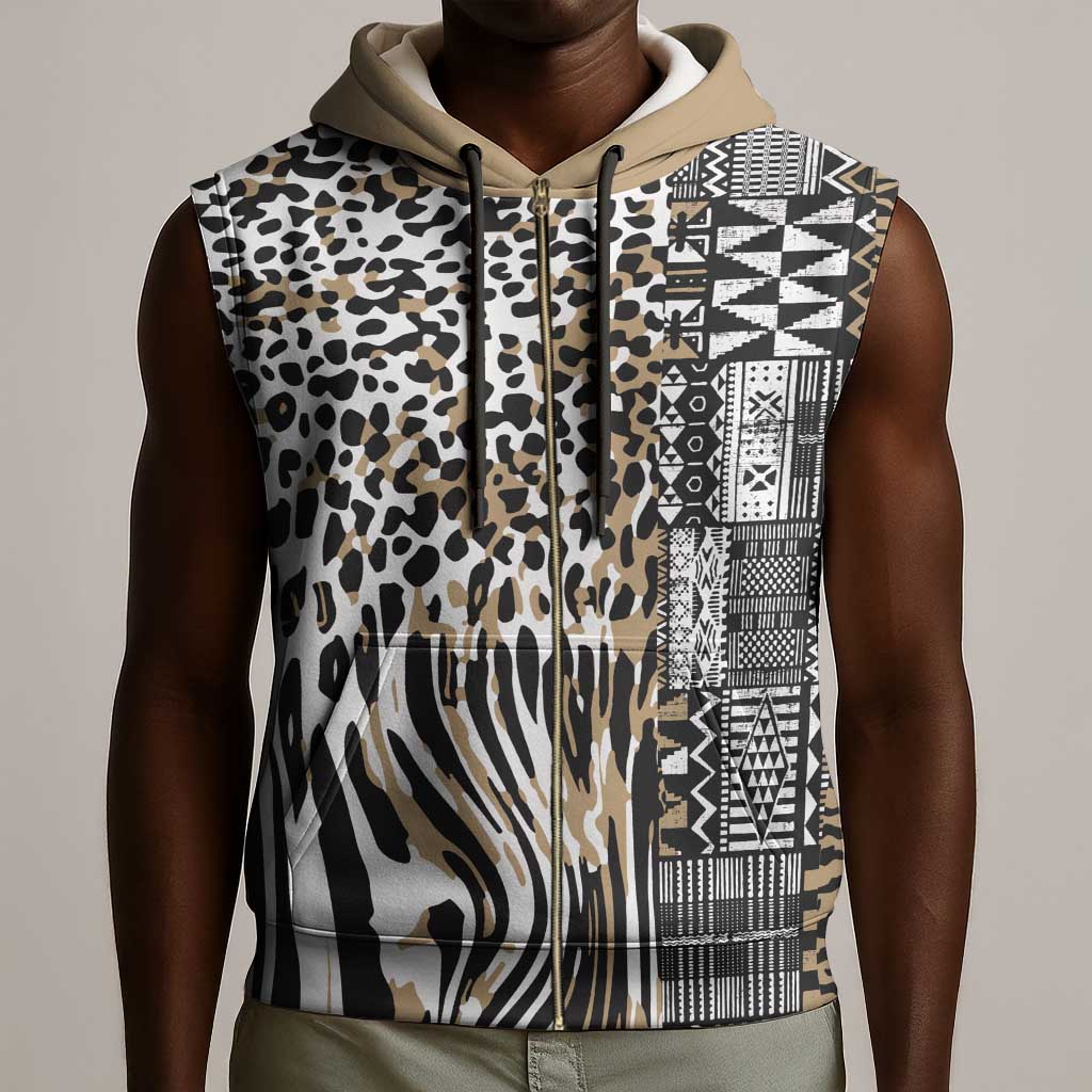 Africa Tribal Pattern Mixed Leopard Skin Sleeveless Zip Hoodie - African Pride