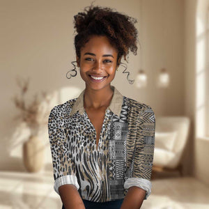 Africa Tribal Pattern Mixed Leopard Skin Women Casual Shirt - African Pride