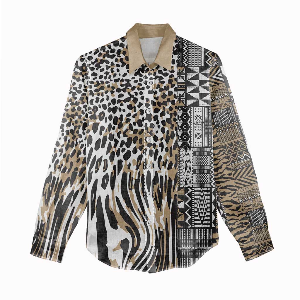 Africa Tribal Pattern Mixed Leopard Skin Women Casual Shirt - African Pride