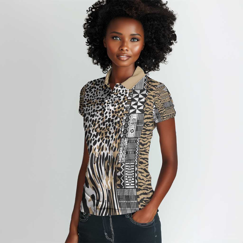 Africa Tribal Pattern Mixed Leopard Skin Women Polo Shirt - African Pride