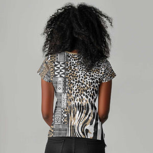 Africa Tribal Pattern Mixed Leopard Skin Women V-Neck T-Shirt - African Pride
