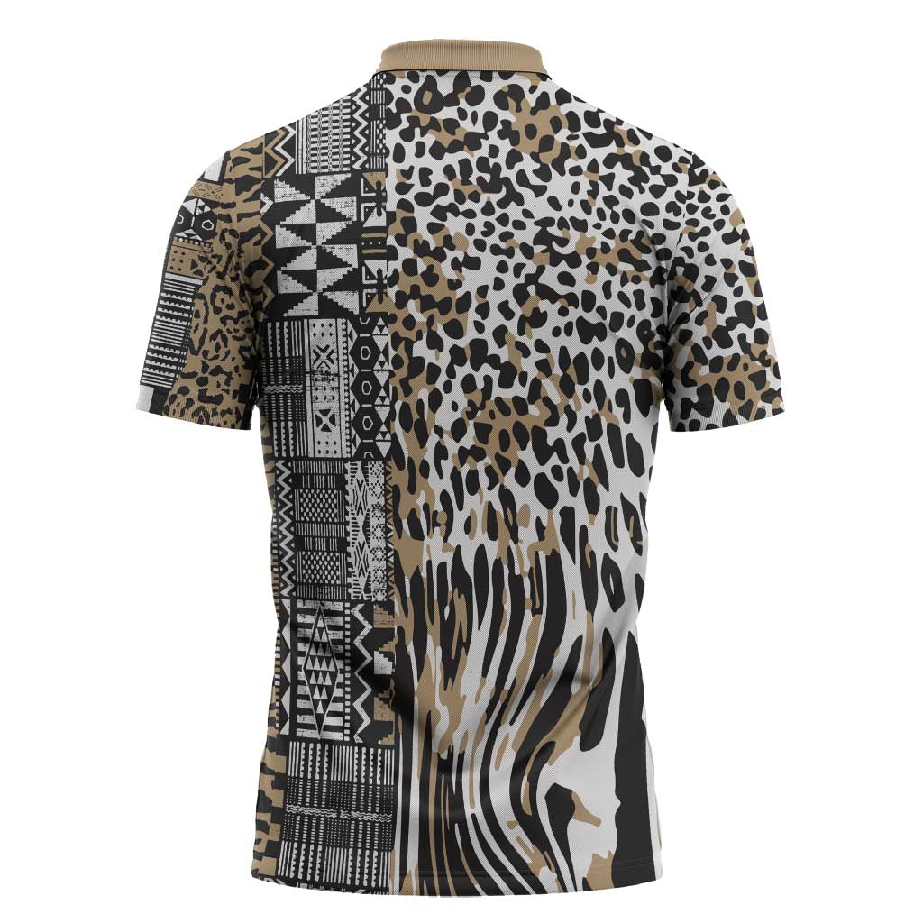 Africa Tribal Pattern Mixed Leopard Skin Zipper Polo Shirt