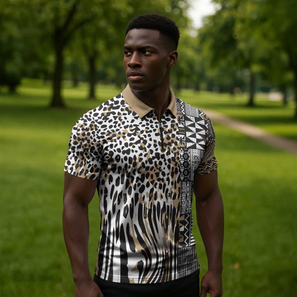Africa Tribal Pattern Mixed Leopard Skin Zipper Polo Shirt