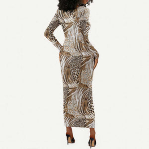 African Wild Animal Skins Long Sleeve Bodycon Dress Leopard Pattern - African Pride