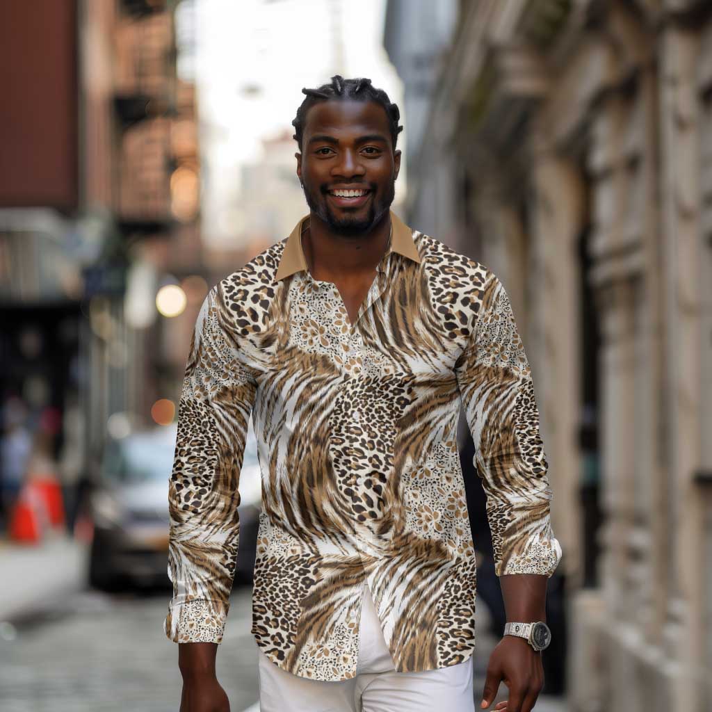 African Wild Animal Skins Long Sleeve Button Shirt Leopard Pattern - African Pride