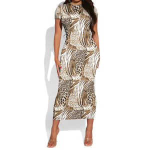 African Wild Animal Skins Short Sleeve Bodycon Dress Leopard Pattern - African Pride