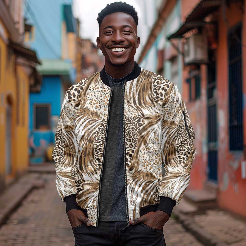 African Wild Animal Skins Sleeve Zip Bomber Jacket Leopard Pattern - African Pride