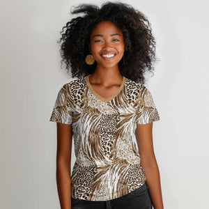 African Wild Animal Skins Women V-Neck T-Shirt Leopard Pattern - African Pride