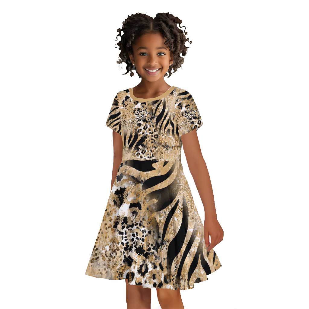 African Wild Animal Skins Kid Short Sleeve Dress Zebra Tiger Leopard Mix Skin - African Pride