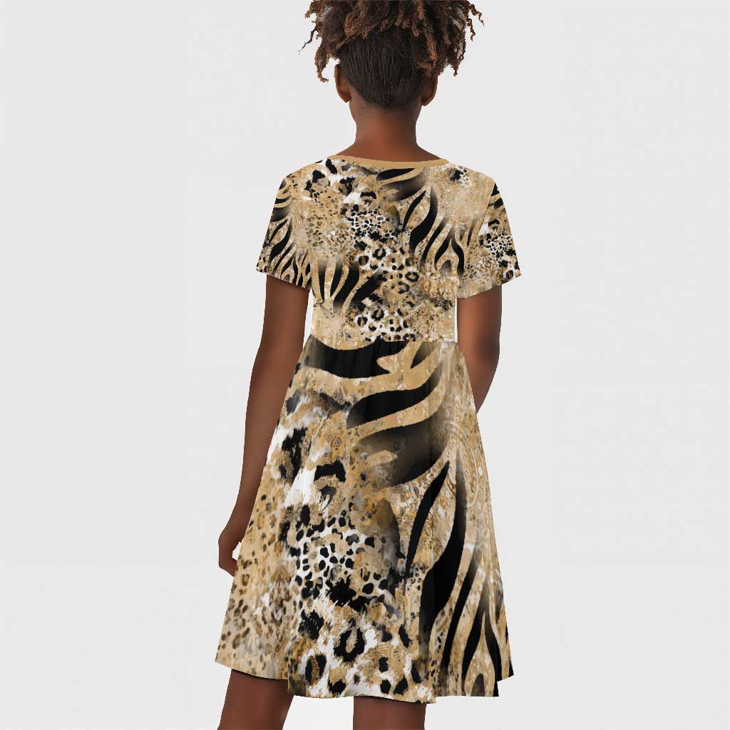 African Wild Animal Skins Kid Short Sleeve Dress Zebra Tiger Leopard Mix Skin - African Pride