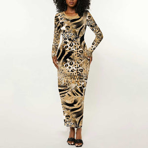 African Wild Animal Skins Long Sleeve Bodycon Dress Zebra Tiger Leopard Mix Skin - African Pride