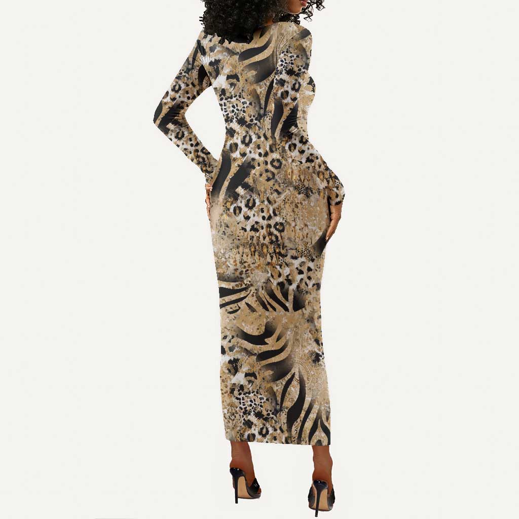 African Wild Animal Skins Long Sleeve Bodycon Dress Zebra Tiger Leopard Mix Skin - African Pride