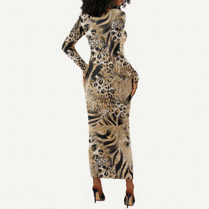 African Wild Animal Skins Long Sleeve Bodycon Dress Zebra Tiger Leopard Mix Skin - African Pride