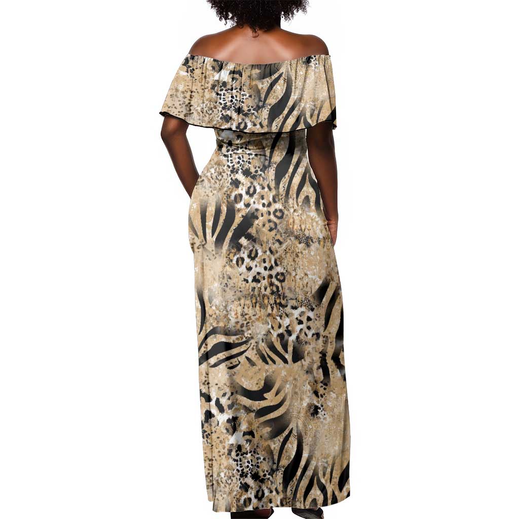 African Wild Animal Skins Off Shoulder Maxi Dress Zebra Tiger Leopard Mix Skin - African Pride
