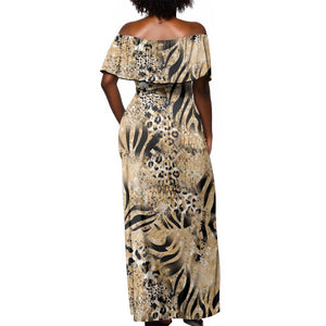 African Wild Animal Skins Off Shoulder Maxi Dress Zebra Tiger Leopard Mix Skin - African Pride