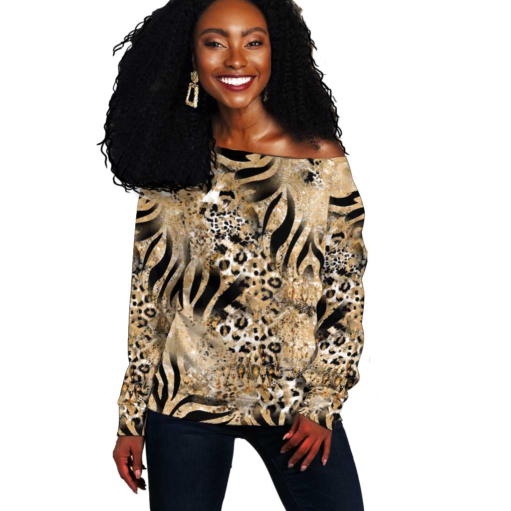 African Wild Animal Skins Off Shoulder Sweater Zebra Tiger Leopard Mix Skin - African Pride