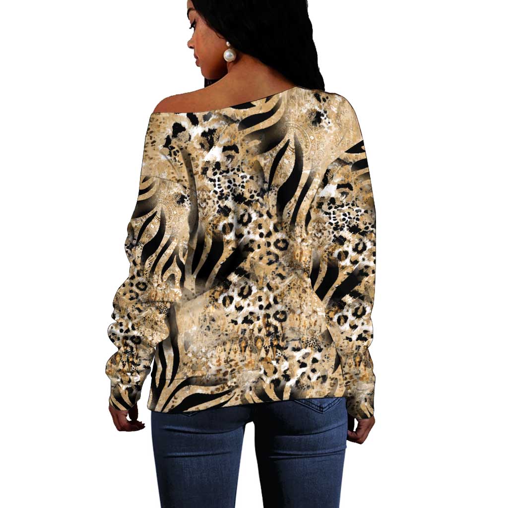 African Wild Animal Skins Off Shoulder Sweater Zebra Tiger Leopard Mix Skin - African Pride
