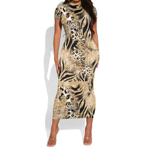 African Wild Animal Skins Short Sleeve Bodycon Dress Zebra Tiger Leopard Mix Skin - African Pride