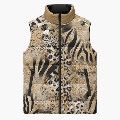African Wild Animal Skins Sleeveless Puffer Jacket Zebra Tiger Leopard Mix Skin