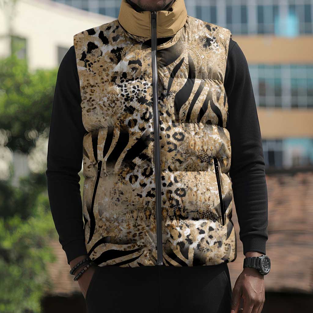 African Wild Animal Skins Sleeveless Puffer Jacket Zebra Tiger Leopard Mix Skin