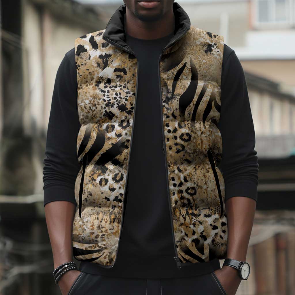 African Wild Animal Skins Sleeveless Puffer Jacket Zebra Tiger Leopard Mix Skin