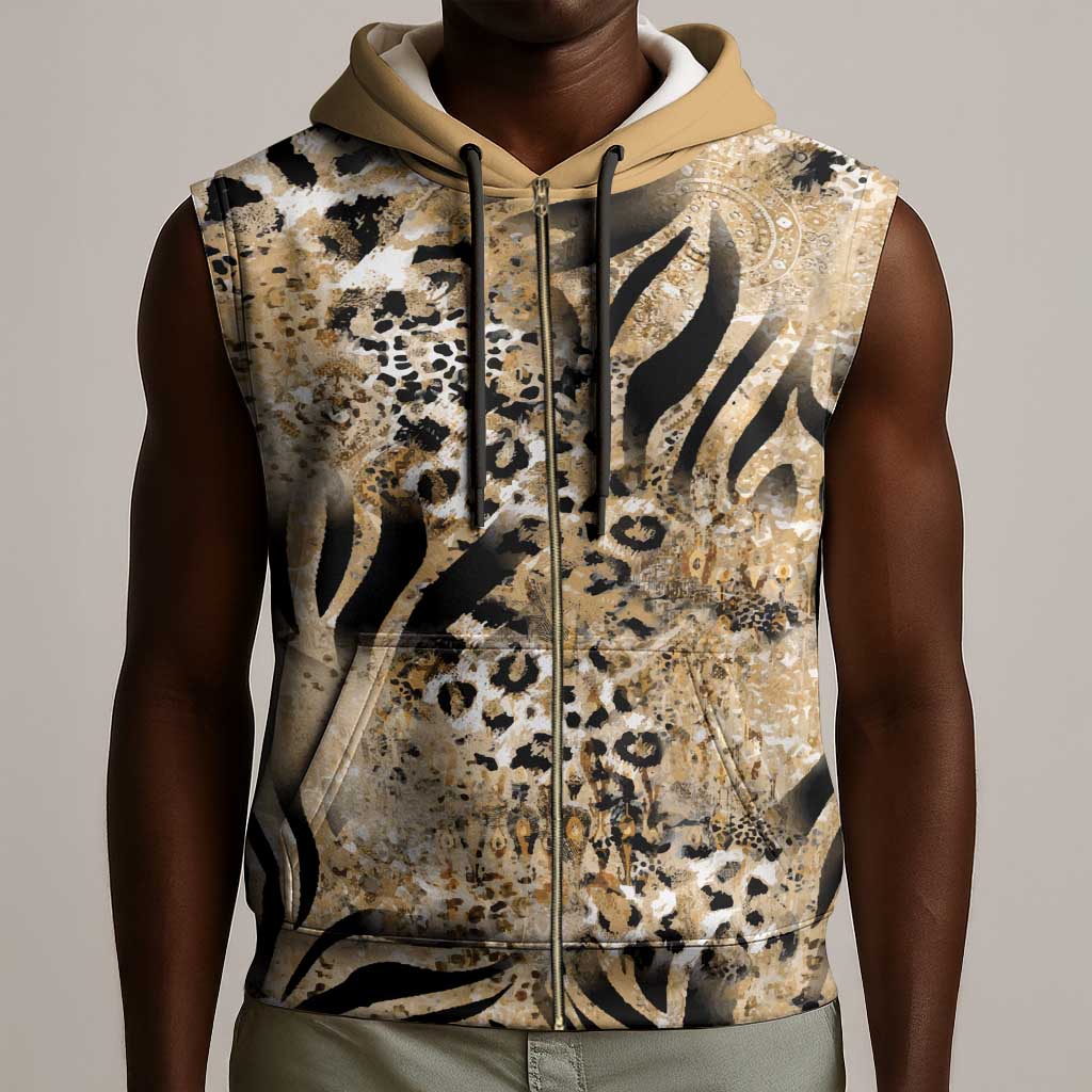 African Wild Animal Skins Sleeveless Zip Hoodie Zebra Tiger Leopard Mix Skin - African Pride