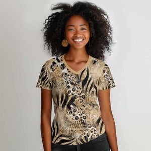 African Wild Animal Skins Women V-Neck T-Shirt Zebra Tiger Leopard Mix Skin - African Pride