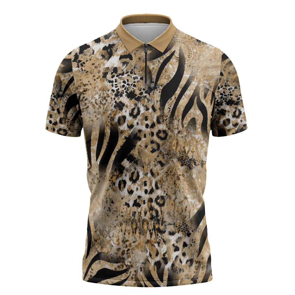African Wild Animal Skins Zipper Polo Shirt Zebra Tiger Leopard Mix Skin