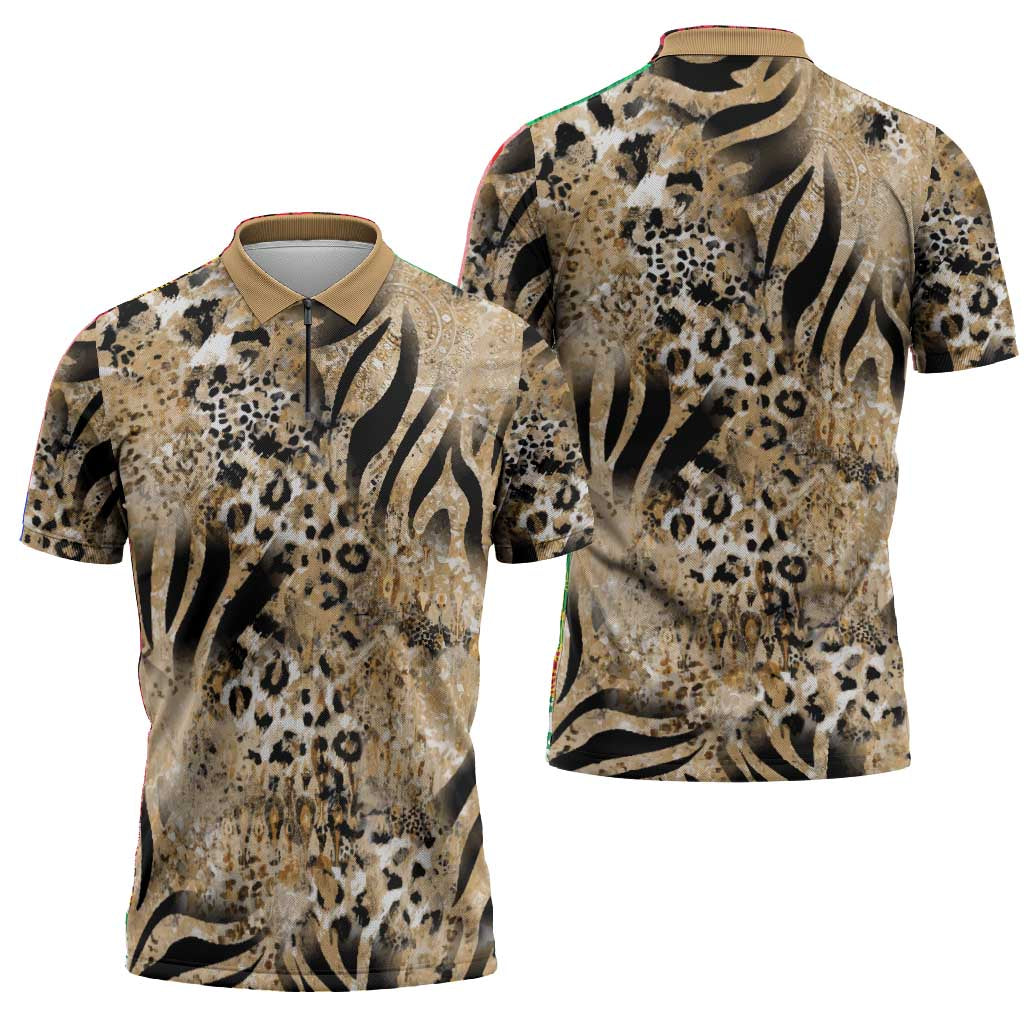 African Wild Animal Skins Zipper Polo Shirt Zebra Tiger Leopard Mix Skin