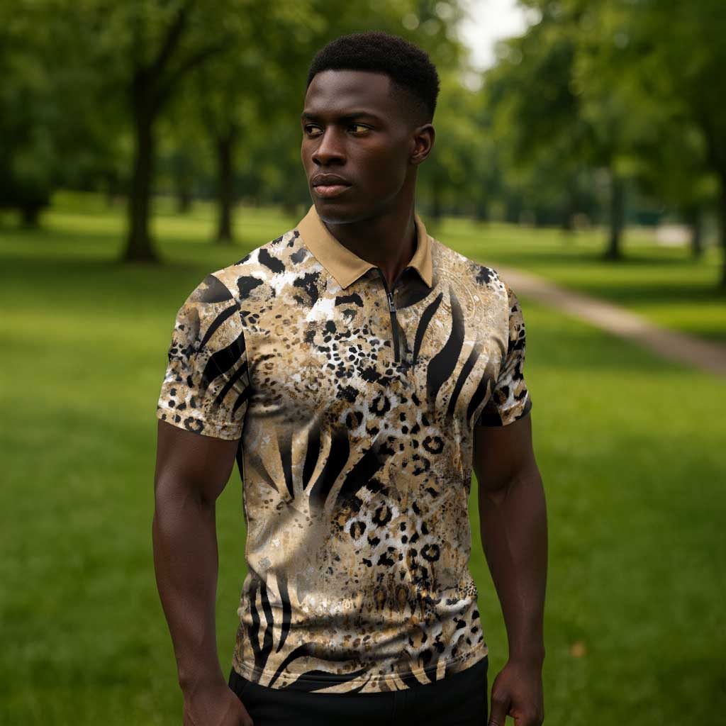 African Wild Animal Skins Zipper Polo Shirt Zebra Tiger Leopard Mix Skin
