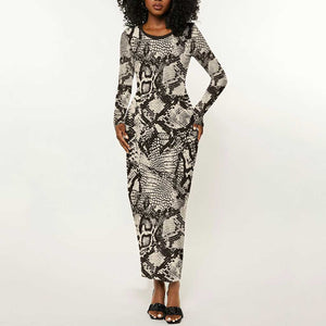 African Wild Animal Skins Long Sleeve Bodycon Dress Snake and Crocodile Mix Skin - African Pride