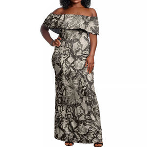 African Wild Animal Skins Off Shoulder Maxi Dress Snake and Crocodile Mix Skin - African Pride