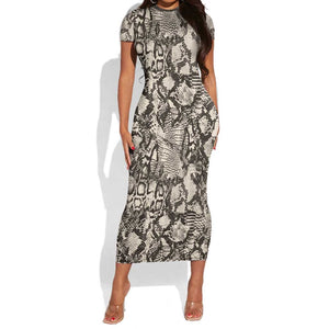 African Wild Animal Skins Short Sleeve Bodycon Dress Snake and Crocodile Mix Skin - African Pride