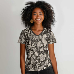 African Wild Animal Skins Women V-Neck T-Shirt Snake and Crocodile Mix Skin - African Pride