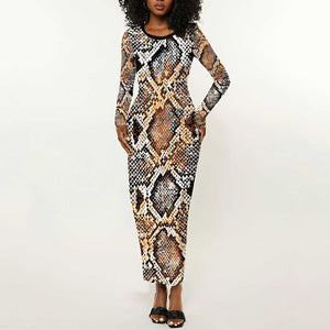 African Wild Animal Skins Long Sleeve Bodycon Dress Vintage Snake Skin Pattern - African Pride