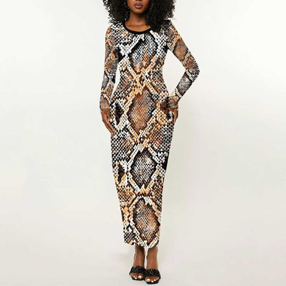 African Wild Animal Skins Long Sleeve Bodycon Dress Vintage Snake Skin Pattern - African Pride