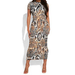 African Wild Animal Skins Short Sleeve Bodycon Dress Vintage Snake Skin Pattern - African Pride