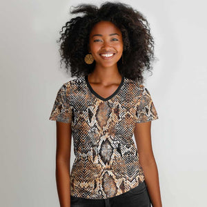 African Wild Animal Skins Women V-Neck T-Shirt Vintage Snake Skin Pattern - African Pride