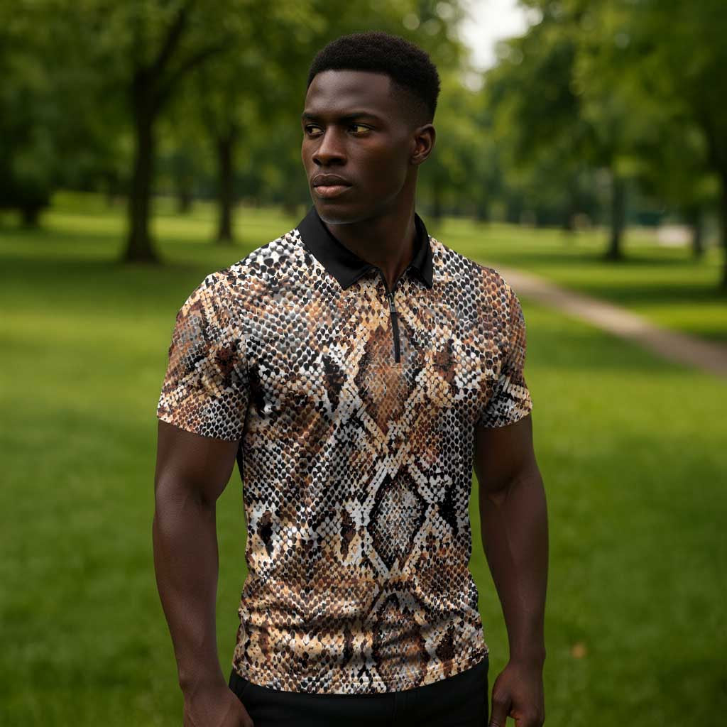 African Wild Animal Skins Zipper Polo Shirt Vintage Snake Skin Pattern