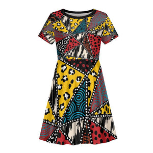African Wild Animal Skins Kid Short Sleeve Dress Triangles Pattern Afro Pattern Style - African Pride
