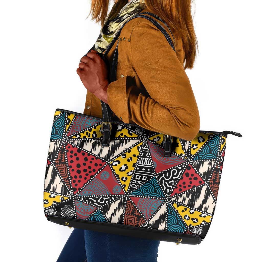 African Wild Animal Skins Leather Tote Bag Triangles Pattern Afro Pattern Style - African Pride