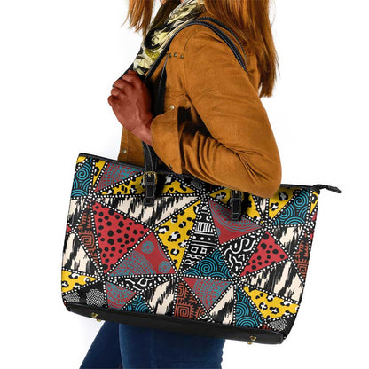 African Wild Animal Skins Leather Tote Bag Triangles Pattern Afro Pattern Style - African Pride